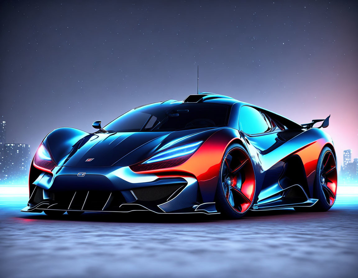 Futuristic sports car with blue and red neon accents in cityscape at dusk