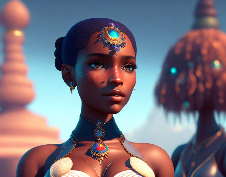 Woman with dark skin and blue eyes adorned with golden jewelry in digital art