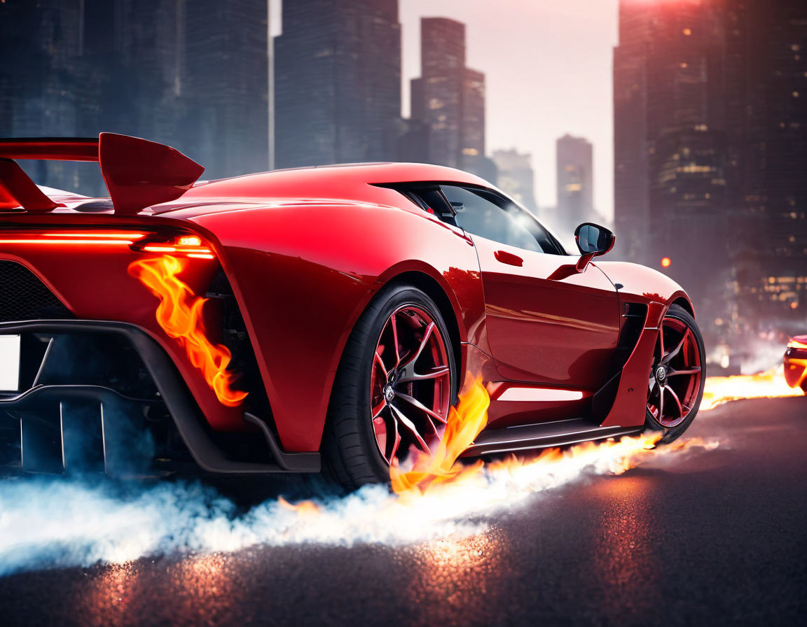 Red sports car with fiery exhaust flames speeding through city street at dusk