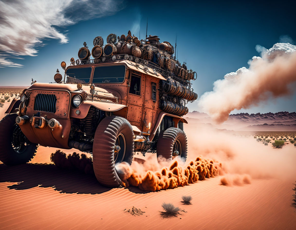 Modified post-apocalyptic vehicle racing through desert under clear blue sky