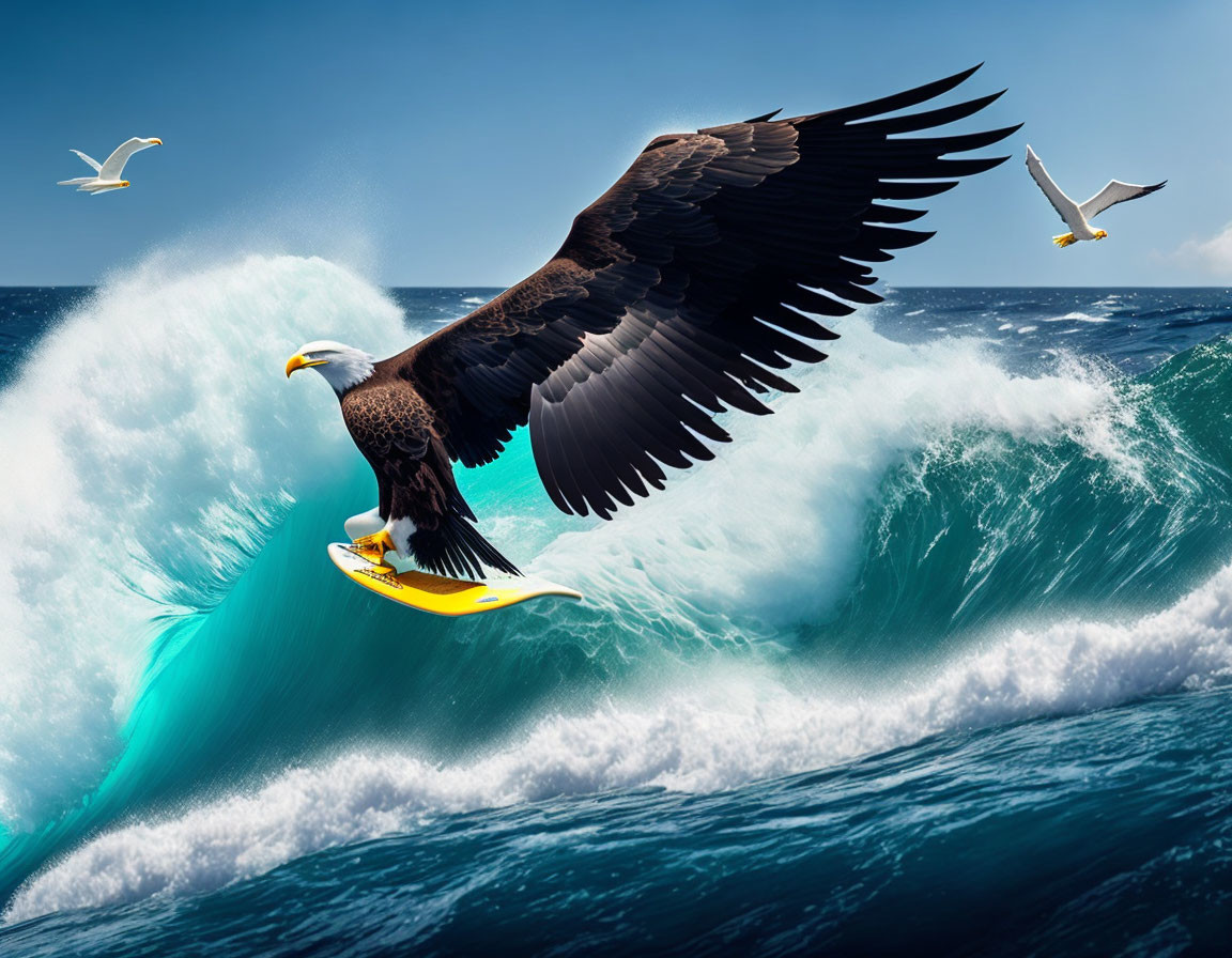 Eagle surfing wave with gulls in vivid ocean scene