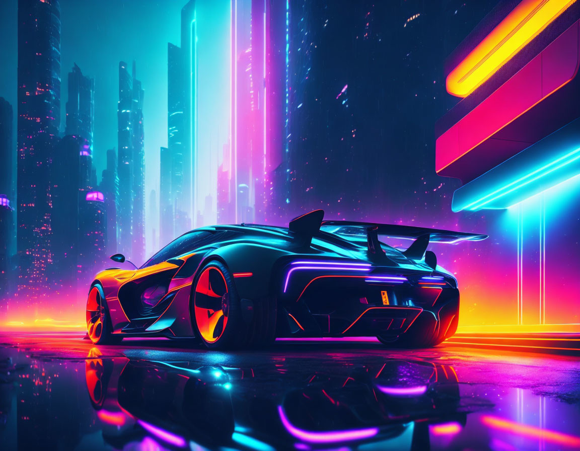 Futuristic sports car on neon-lit city street at night