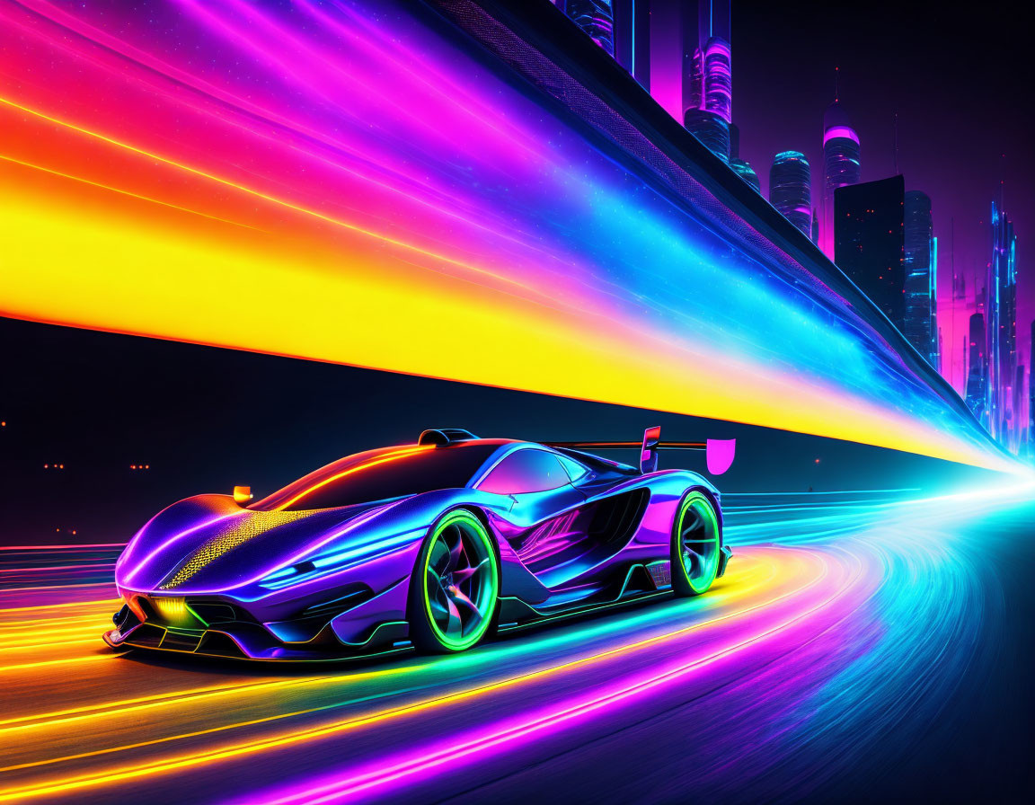 Colorful sports car racing through neon-lit futuristic cityscape at dusk