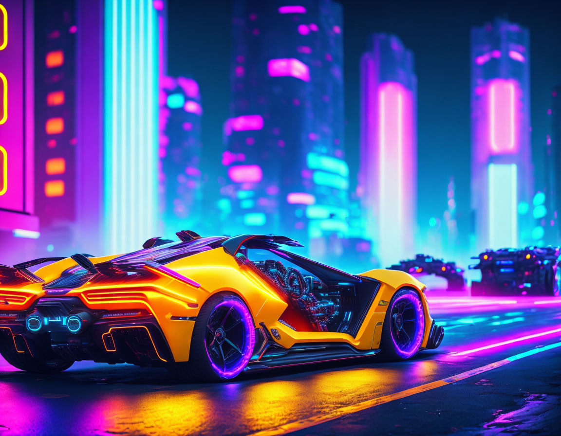 Futuristic orange sports car with neon lights in vibrant city scene