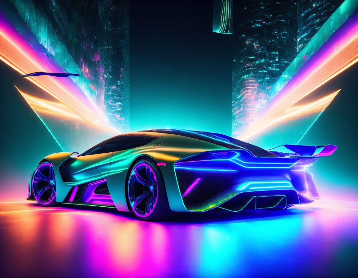 Sleek futuristic car in vibrant cyberpunk cityscape