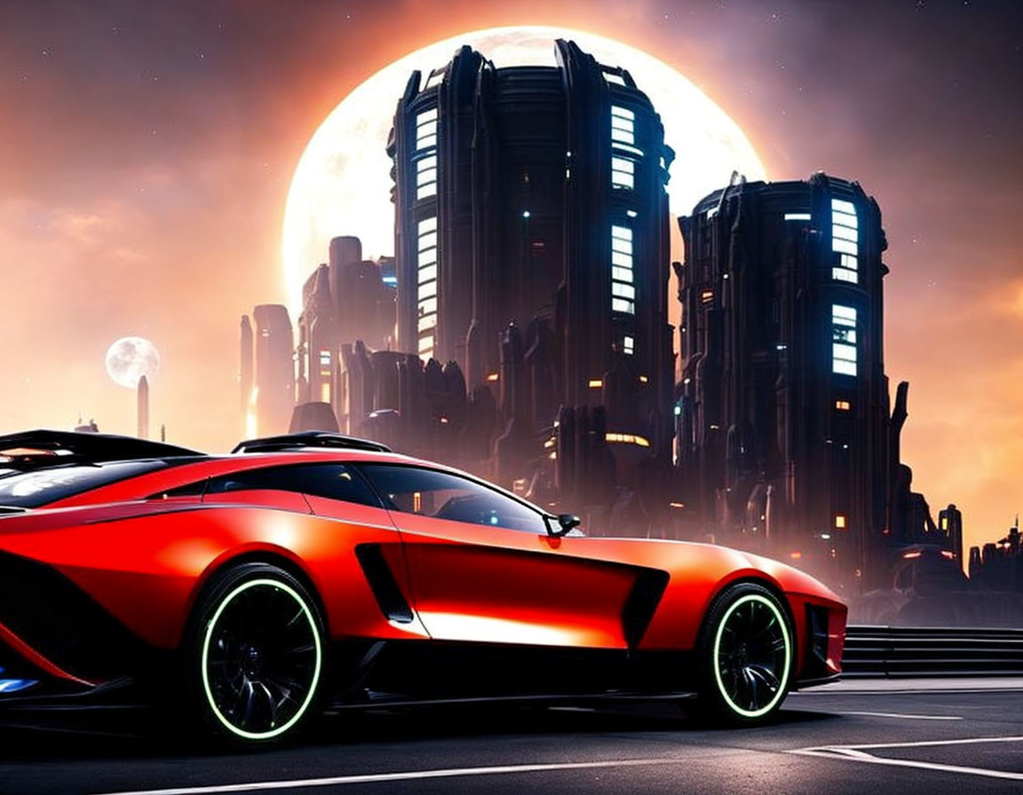 Futuristic red sports car in sci-fi cityscape at dusk