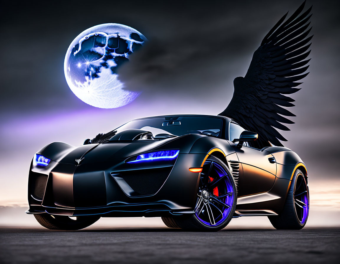 Black Sports Car with Purple Glowing Wheels and Winged Doors, Moonlit Sky with Surreal Jelly