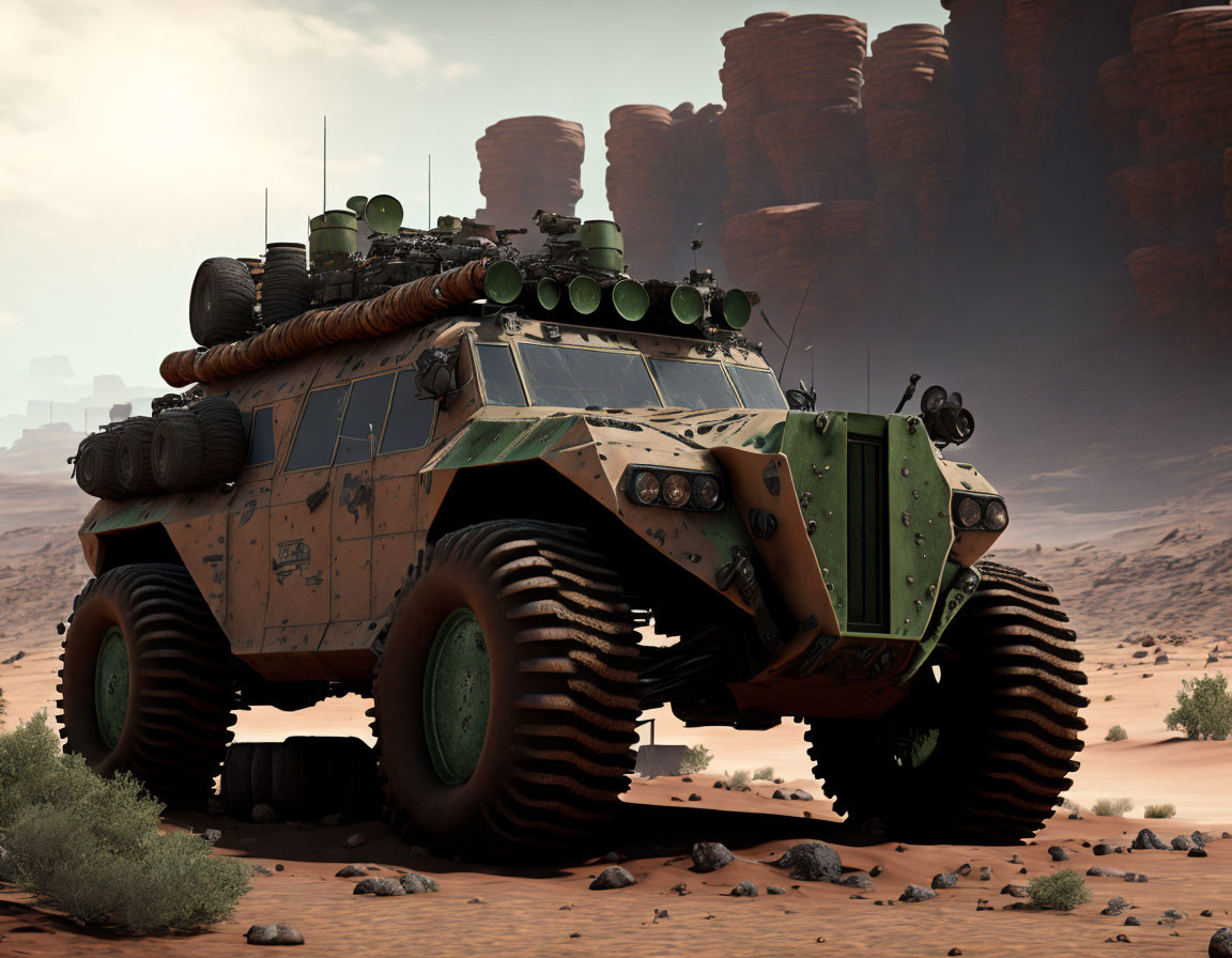 Futuristic military vehicle on desert landscape with large tires