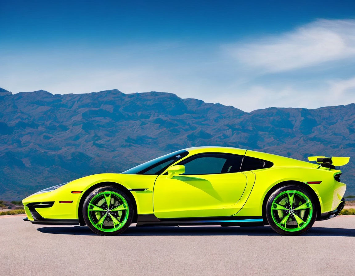 Vibrant yellow sports car with green rims against mountain backdrop