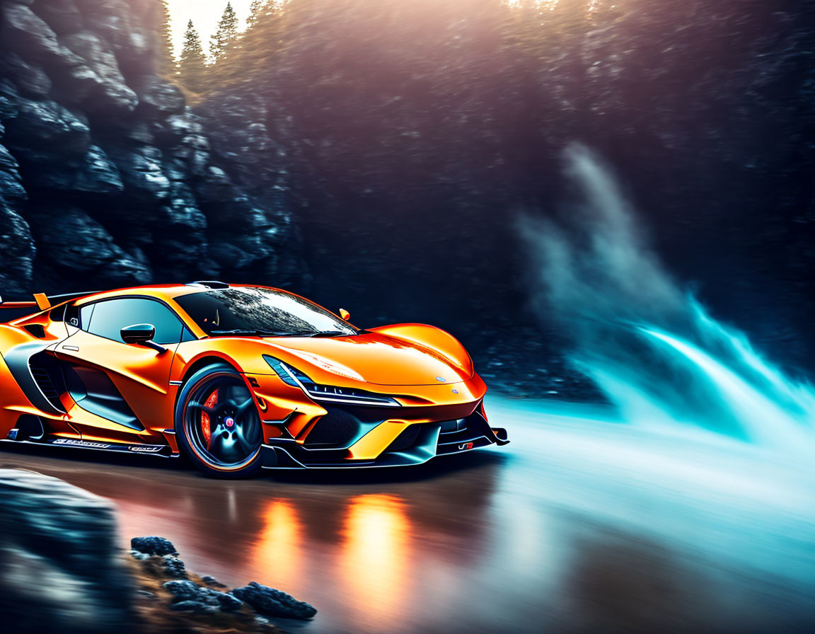 Orange Sports Car Speeding Near Forest Waterfall at Dusk