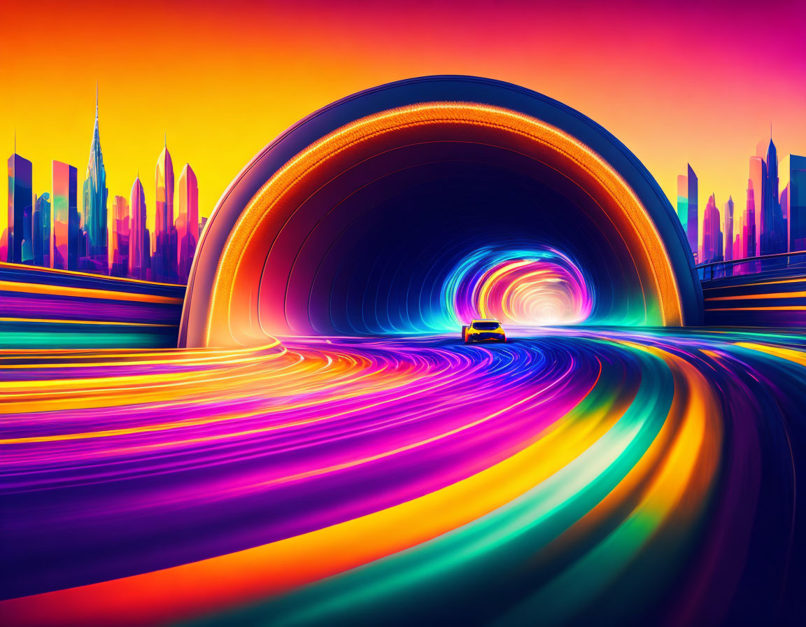 Futuristic city digital artwork with swirling tunnel and sunset skyline