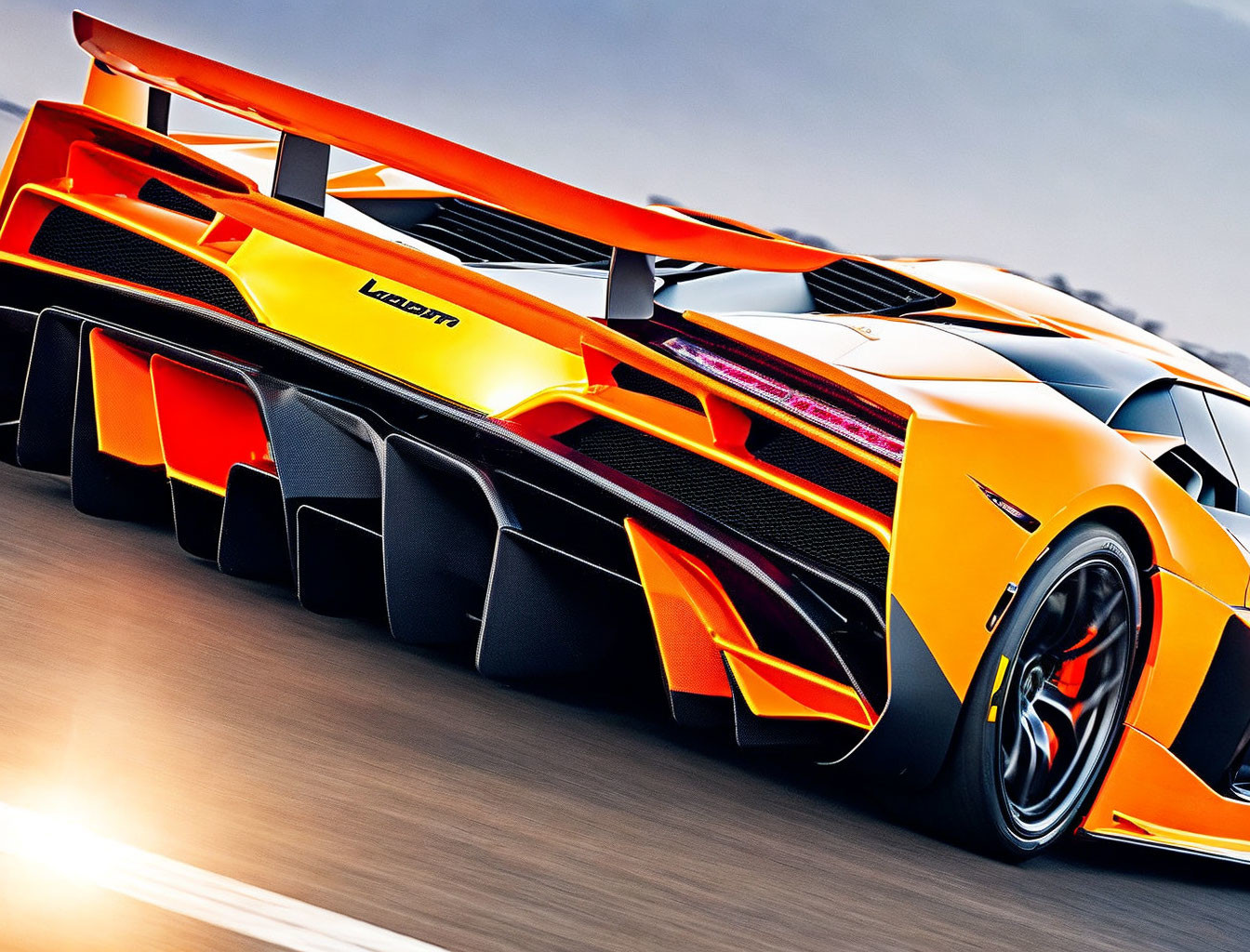 Sleek orange and black sports car on track with aerodynamic spoiler