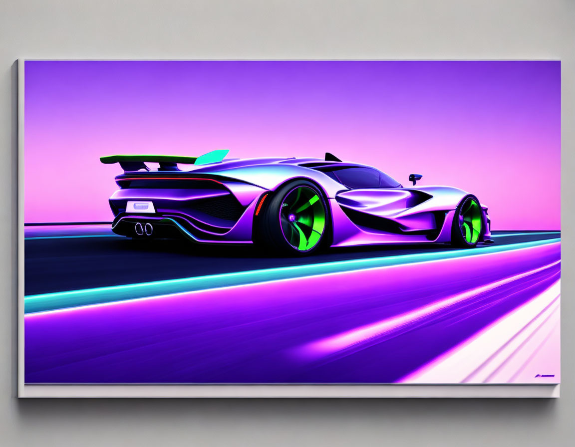 Futuristic purple and black sports car with neon green accents on a luminescent road