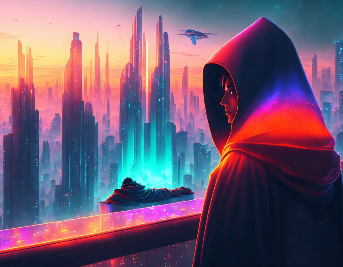 Mysterious figure in cloak against neon-lit futuristic cityscape