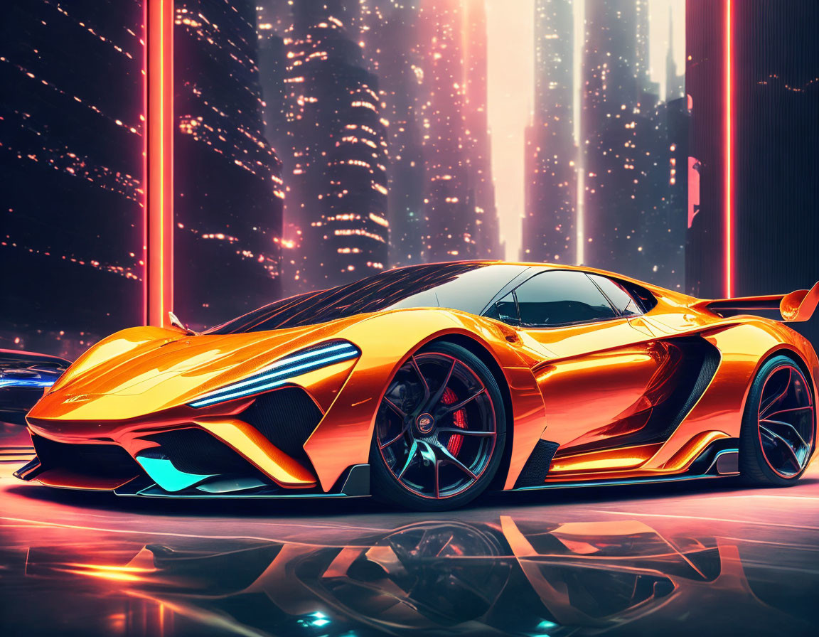 Futuristic orange sports car in cyberpunk cityscape