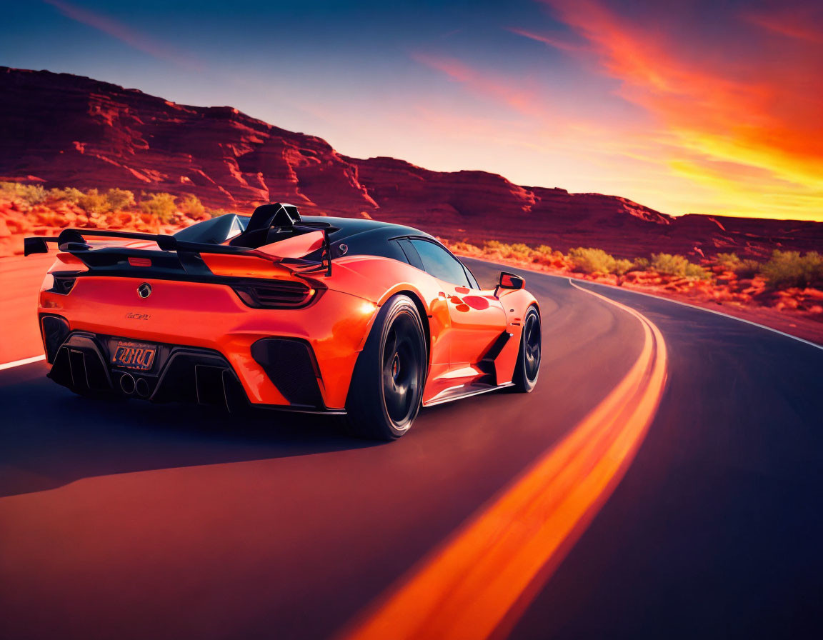 Orange sports car on desert road at sunset with blurred motion and fiery sky