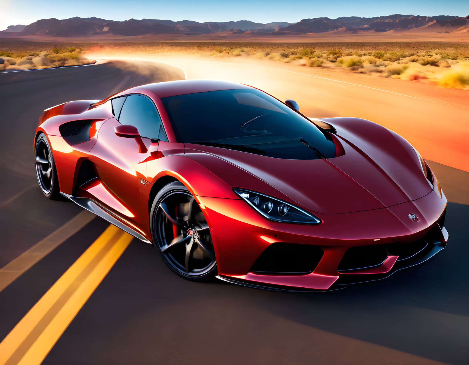 Red sports car racing on desert highway under blue sky