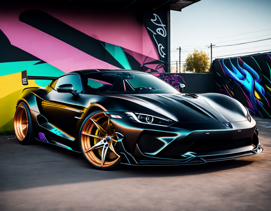 Black Sports Car with Gold Rims Parked in Front of Colorful Graffiti Wall