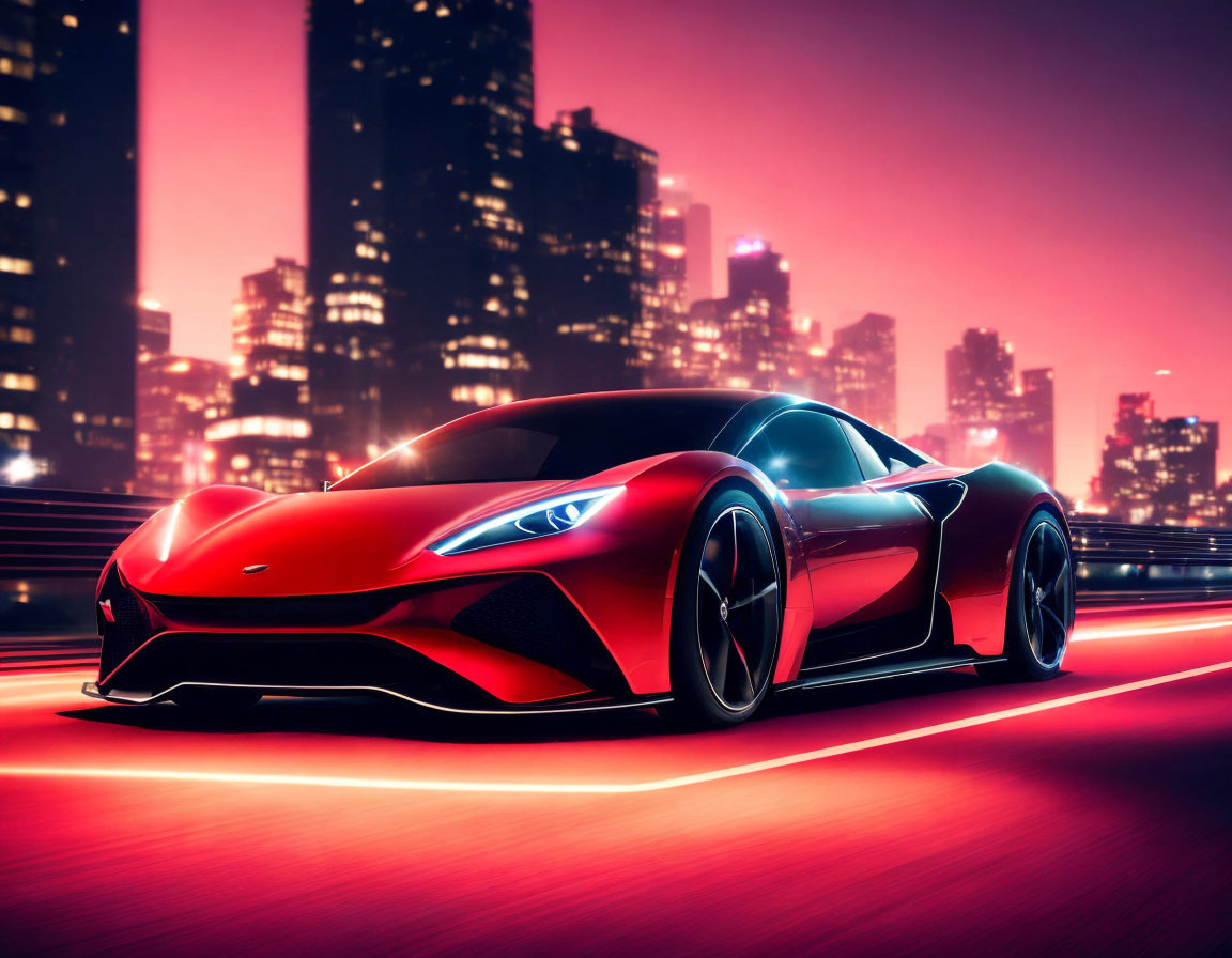 Red sports car racing in futuristic cityscape with pink and purple sky