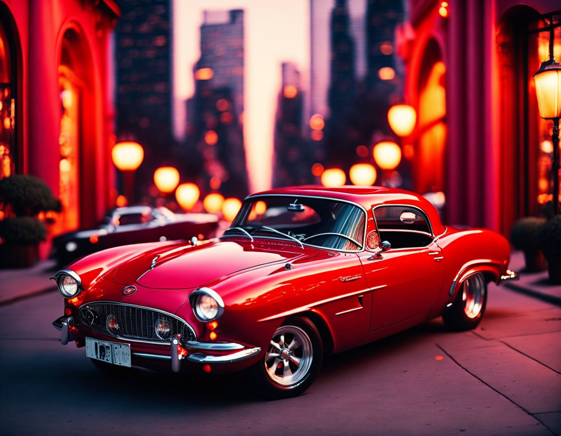 Classic Red Car Parked on City Street at Dusk