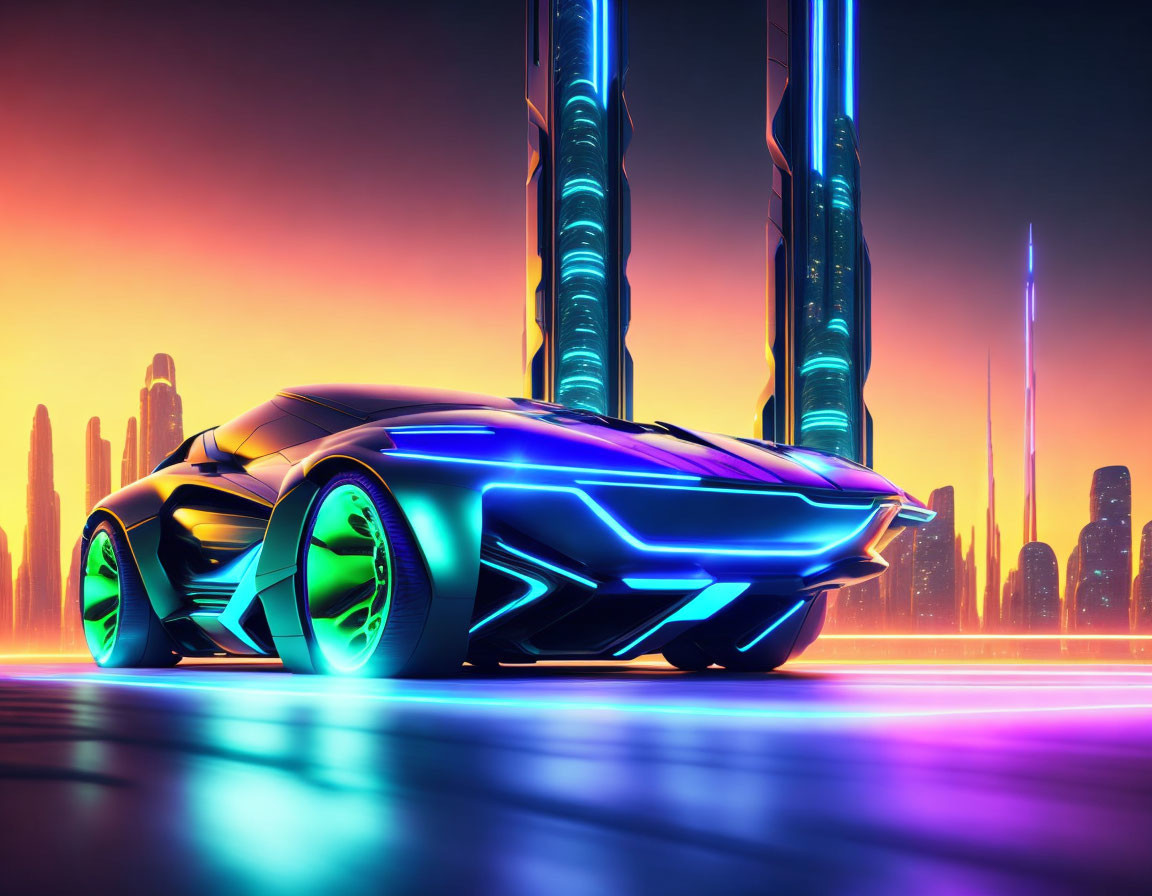 Futuristic car with neon blue accents on reflective surface in neon-lit cityscape.