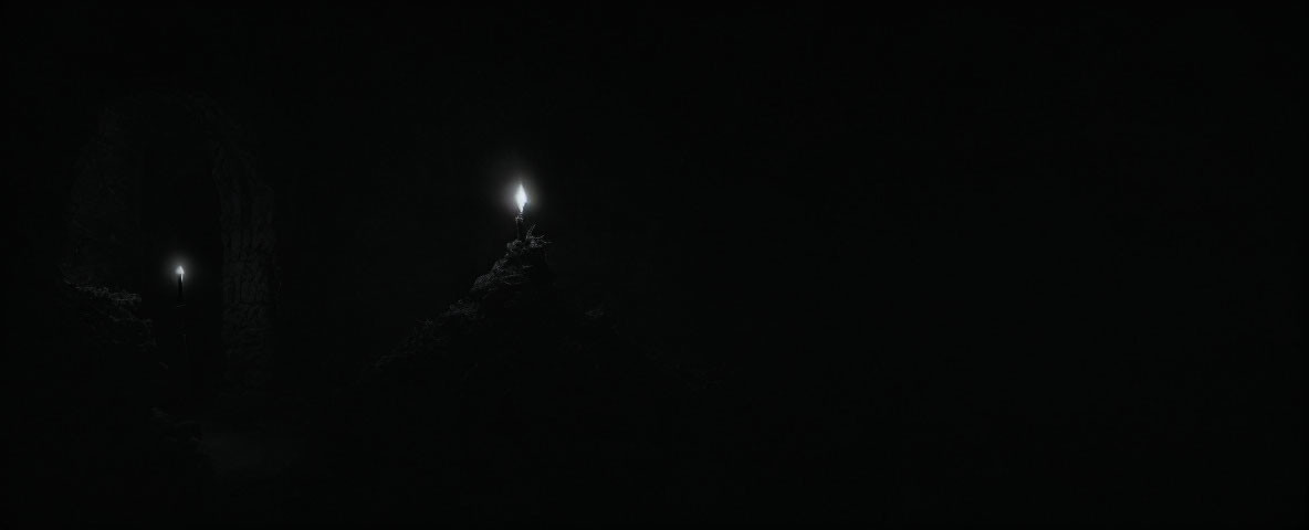 Dimly Lit Stone Passage with Two Candles Creating Eerie Atmosphere