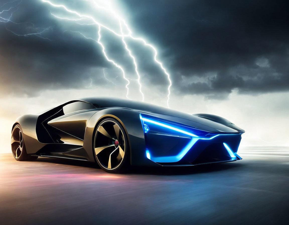 Futuristic black car with blue headlights under dramatic sky lightning.