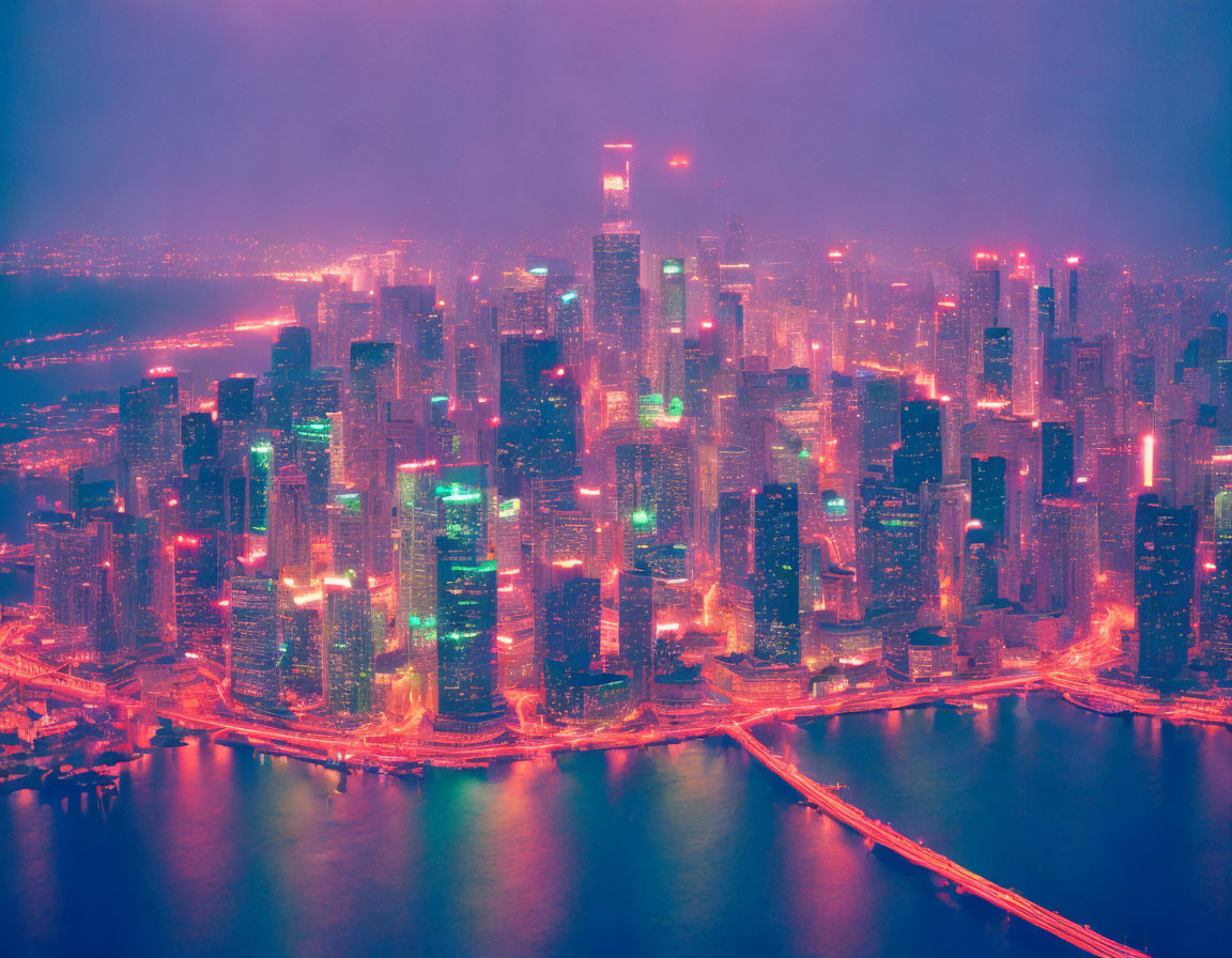 Vivid neon-lit cityscape with illuminated skyscrapers at dusk