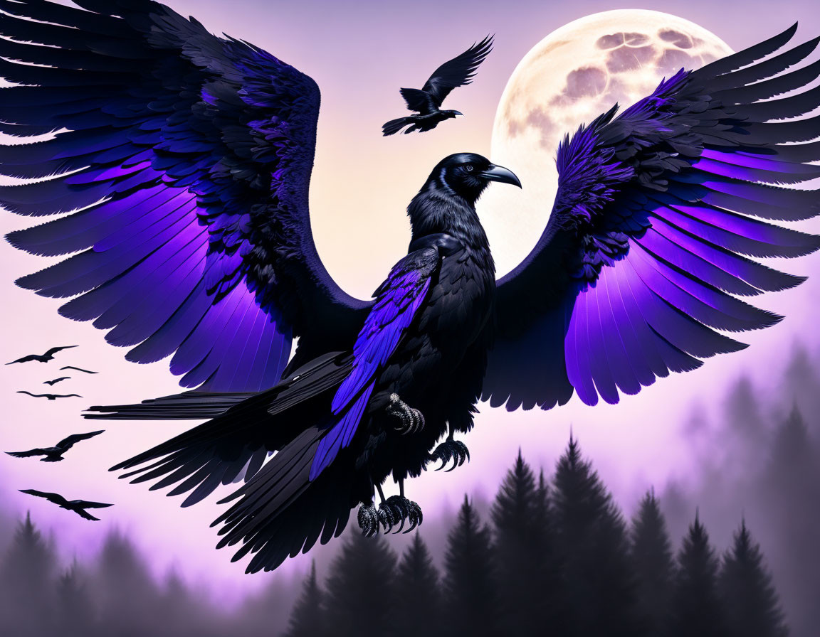 Majestic raven with outstretched wings in moonlit purple sky