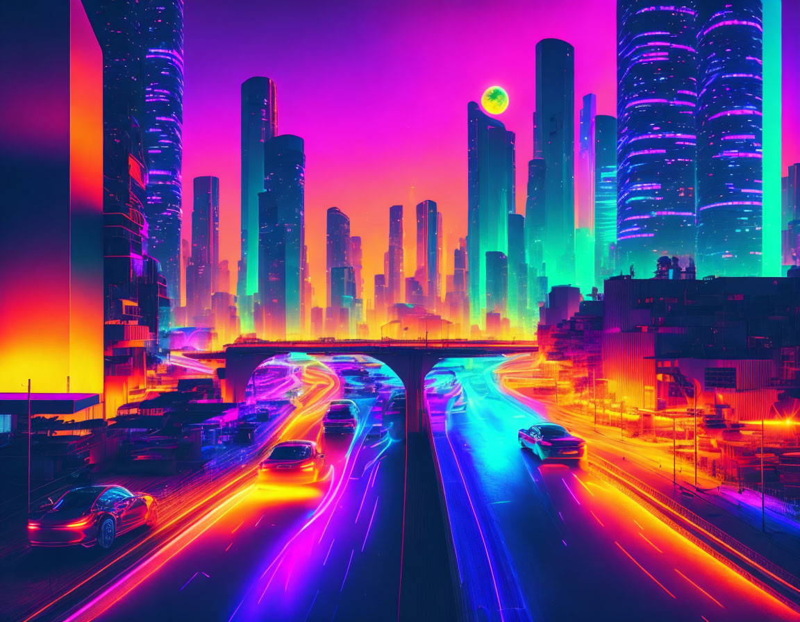 Vibrant digital cityscape with neon colors, futuristic skyscrapers, busy highway, and surreal