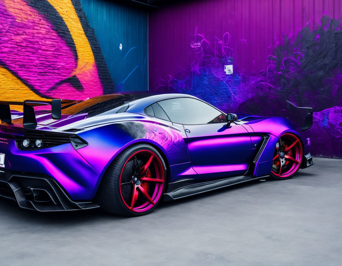 Vibrant Purple and Black Sports Car with Red-Accented Wheels parked in front of Colorful