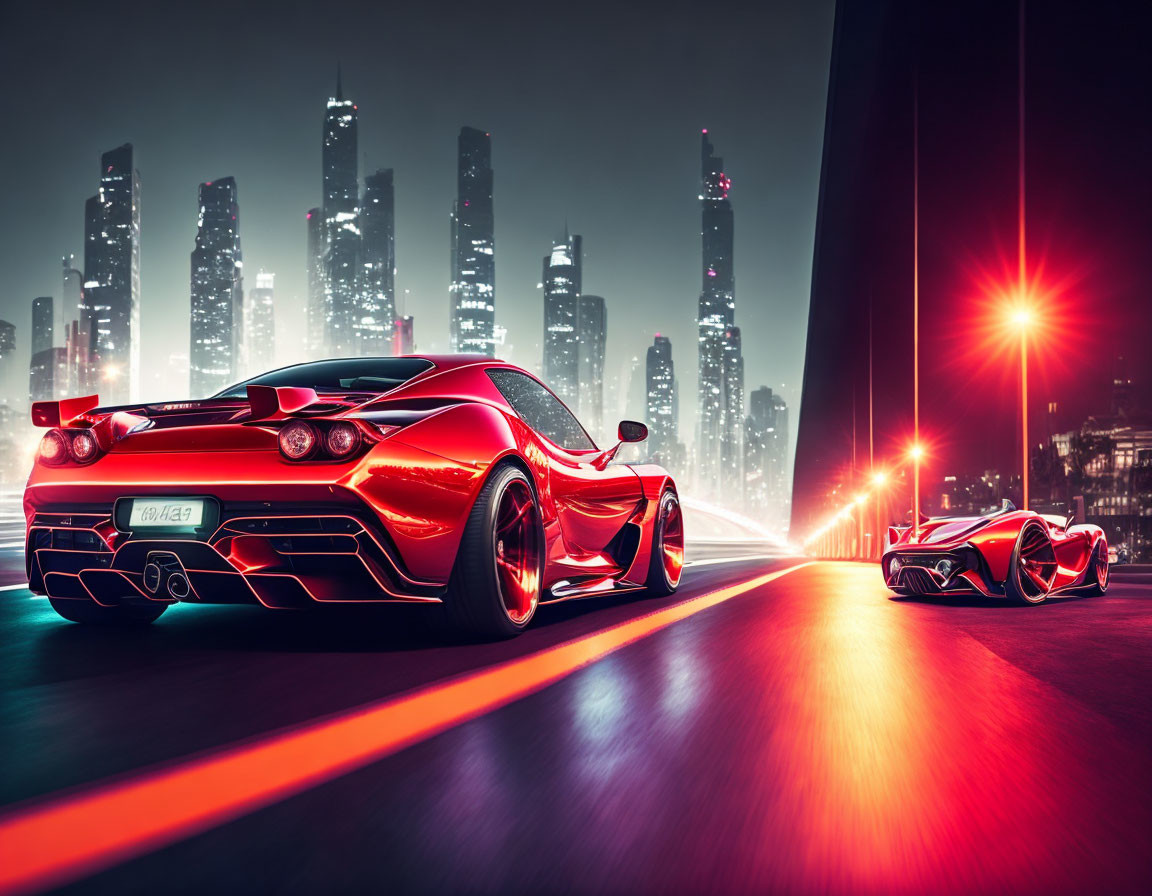 Futuristic sports cars racing on neon-lit city road at night