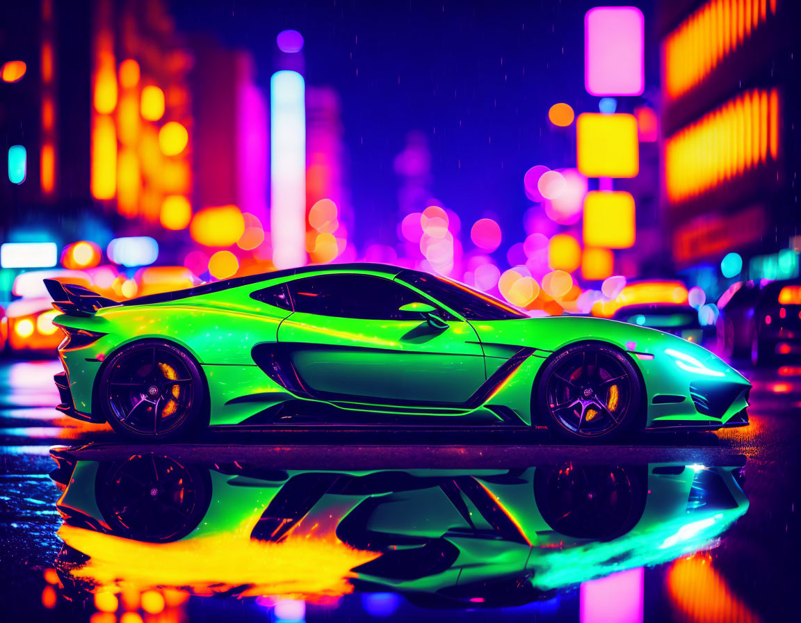 Vibrant green sports car on wet city street at night with colorful bokeh lights.