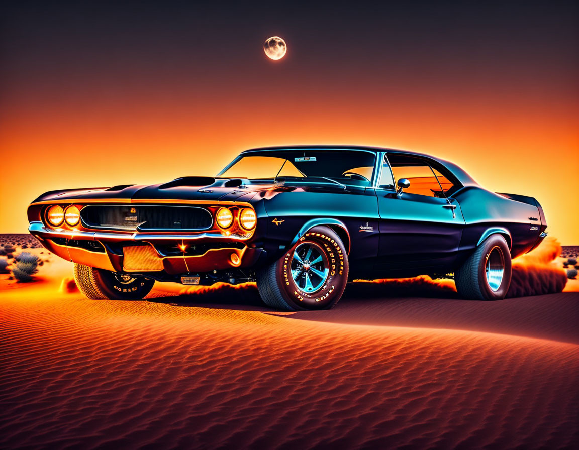 Vintage muscle car in desert with orange sands and crescent moon.