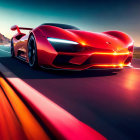 Red sports car speeding on road at sunset with dynamic background blur