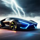 Futuristic black car with blue headlights under dramatic sky lightning.