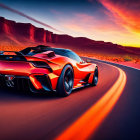 Orange sports car on desert road at sunset with blurred motion and fiery sky