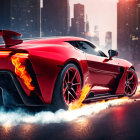 Red sports car with fiery exhaust flames speeding through city street at dusk