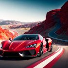 Red sports car racing on winding desert road under clear blue sky