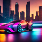 Futuristic sports car with neon highlights in cityscape at sunset