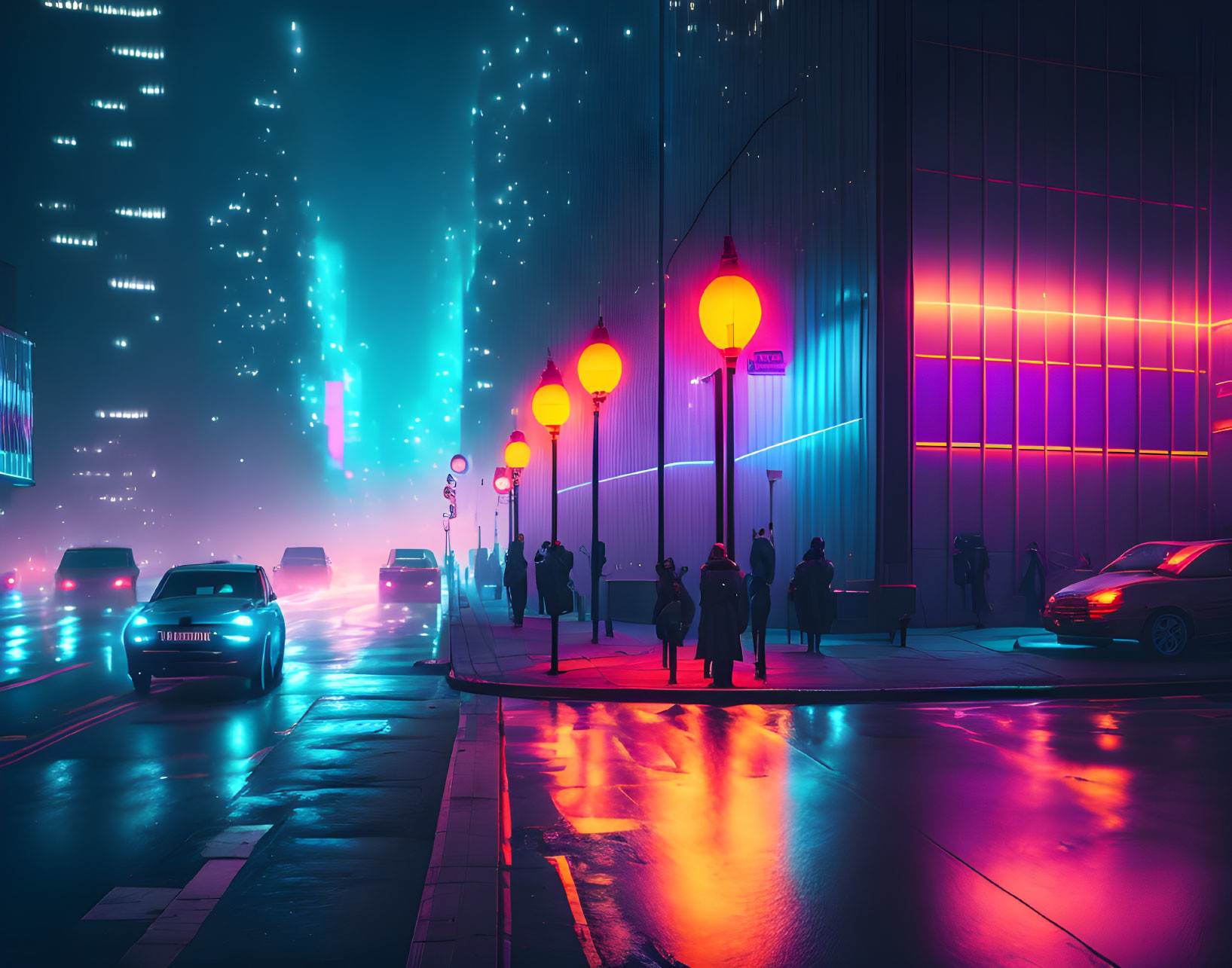 Vibrant neon-lit cityscape with pedestrians and cars at night