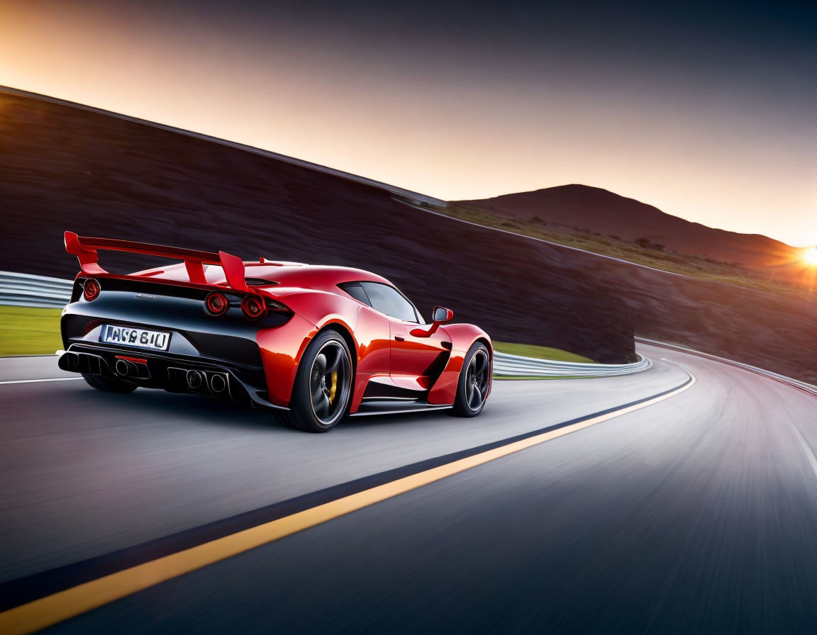 Red sports car on asphalt road at sunset with glowing taillights