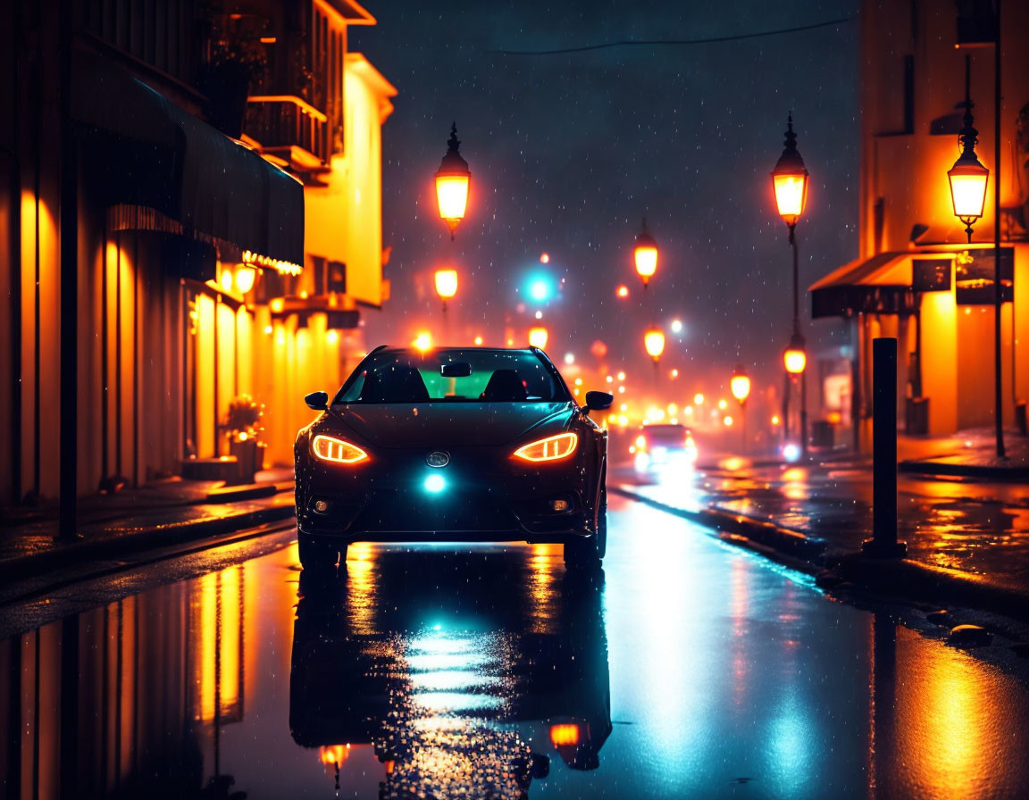 Car headlights reflected on wet street at night with glowing street lamps and falling snow