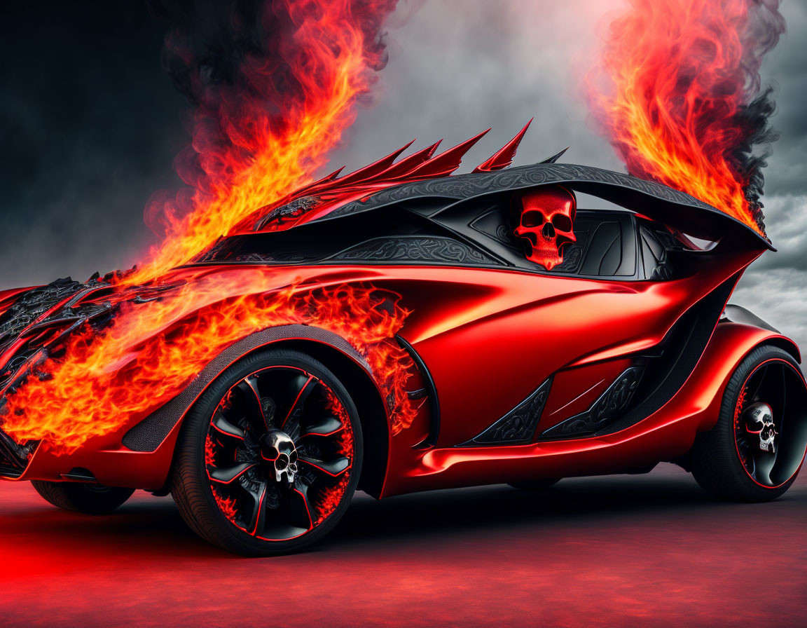 Flame-Designed Red Sports Car with Skull Motifs on Dark Background