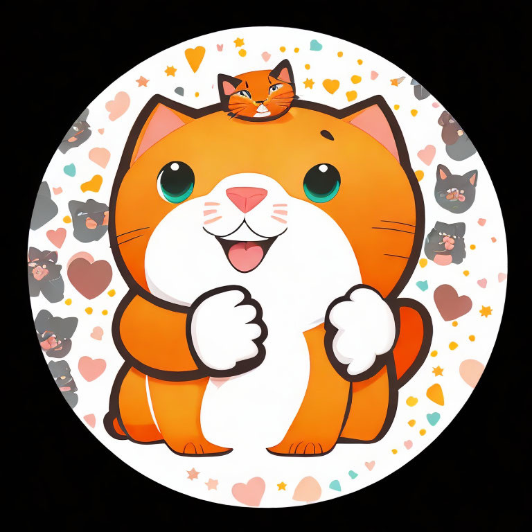 Round Cartoon Illustration: Large Orange-and-White Cat with Smaller Cat on Head, Hearts and