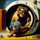 Surrealistic painting: Elderly man, cat, and fish in submarine scene