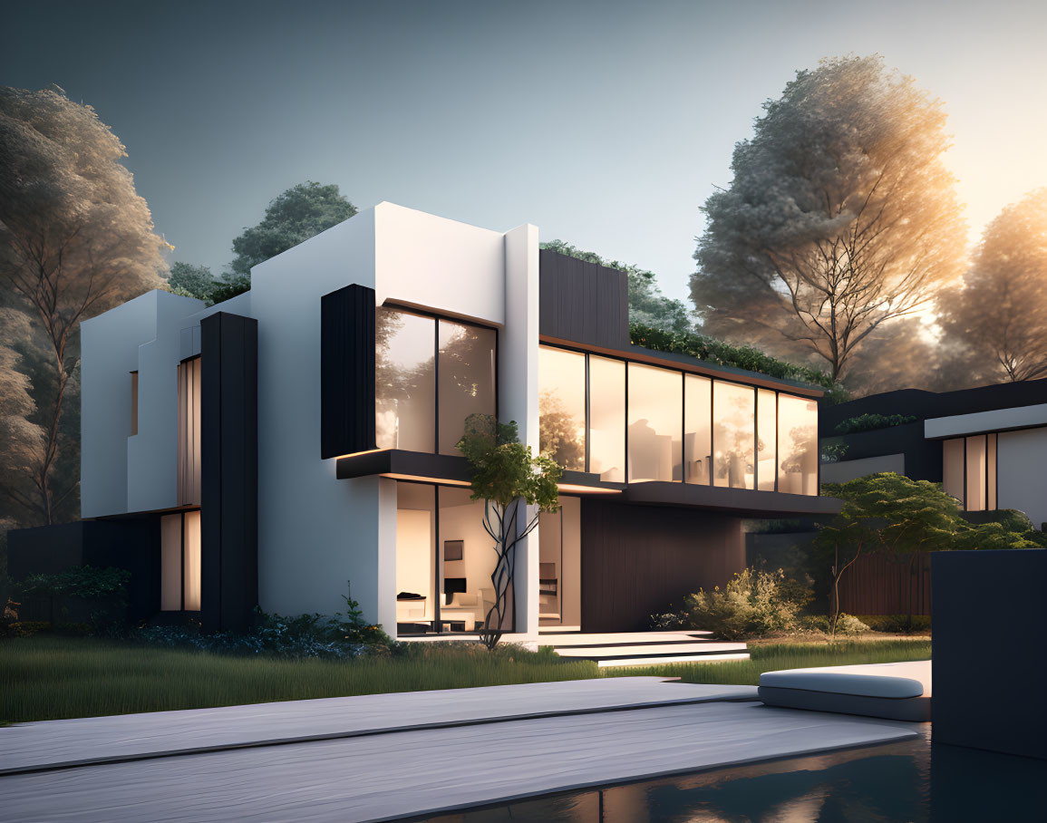 Two-story house with large windows, balcony, and pool at dusk