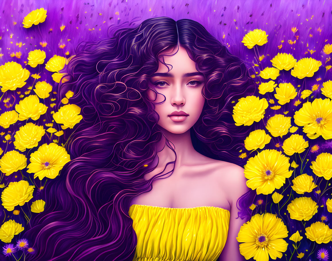 Vibrant woman with purple hair and yellow flowers on purple backdrop