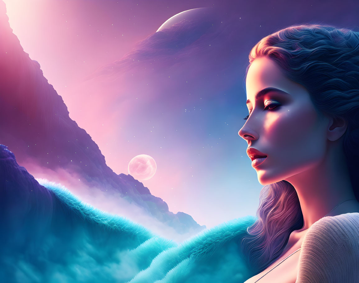 Surreal digital artwork of woman under purple-pink sky