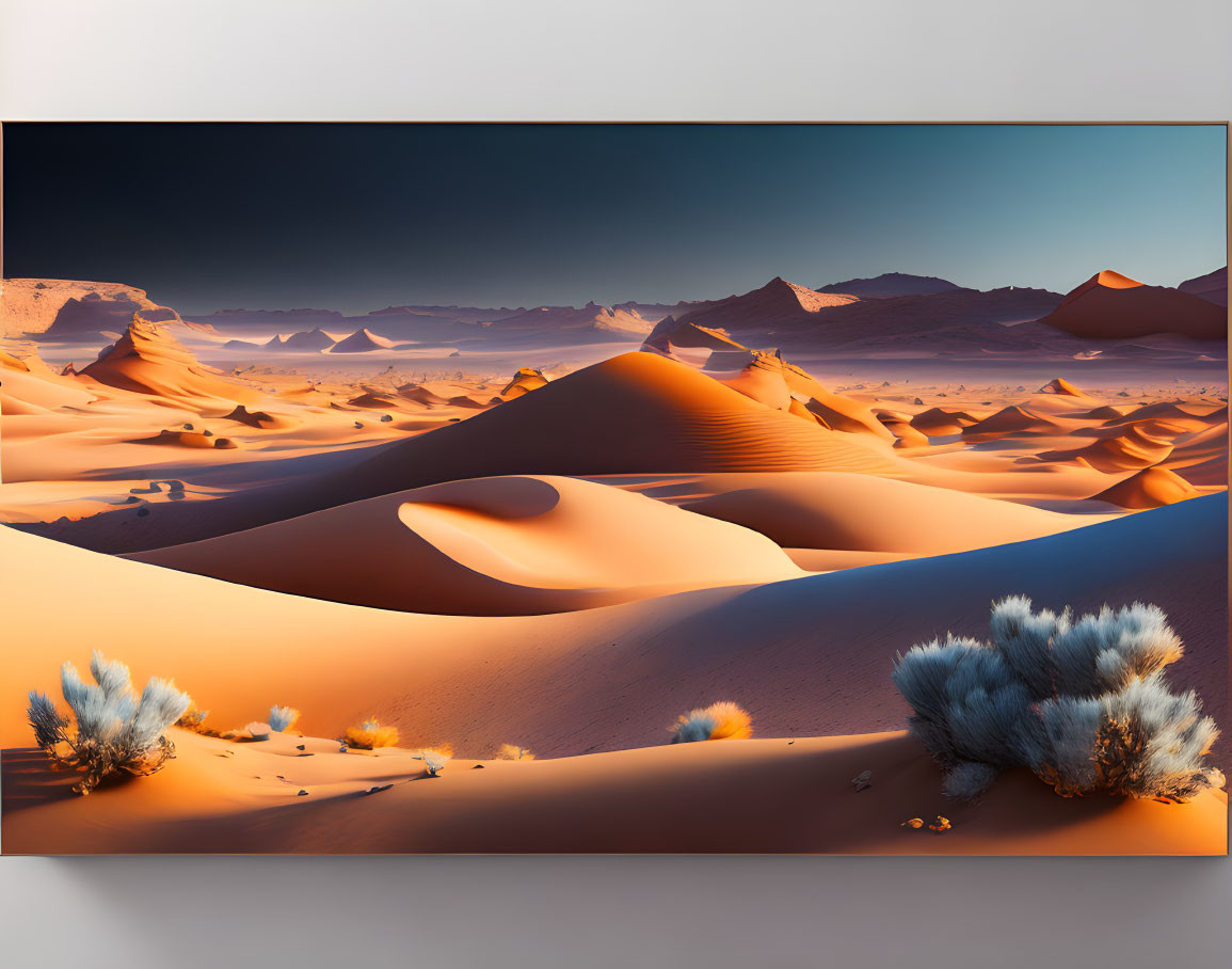 Tranquil desert sunset scene with rolling sand dunes